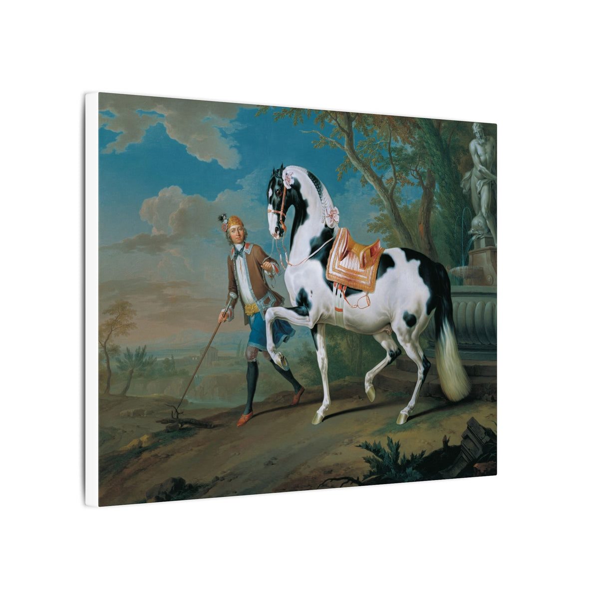 Vintage Piebald Stallion Matte Canvas — 'Stableboy with Piebald Stallion' Horse Portrait