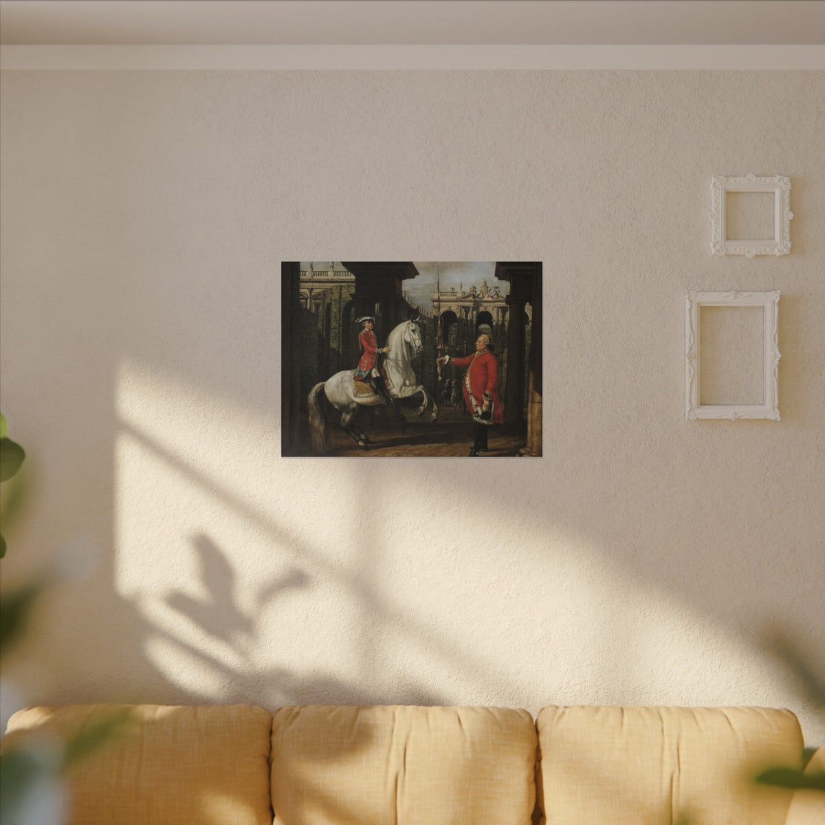 Equestrian Courtyard Scene Matte Canvas Print — "Senior Chevalier Hands Student His Lance" Horse Painting Wall Art