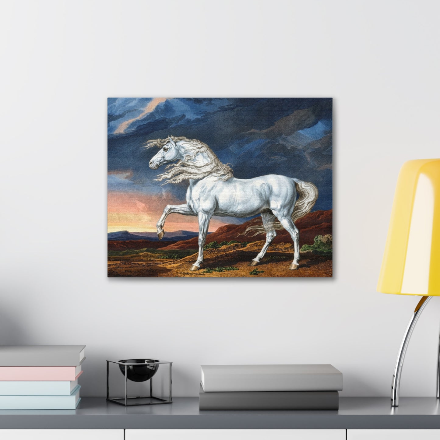 Adonis White Horse Canvas Print — Windswept Equestrian Wall Art
