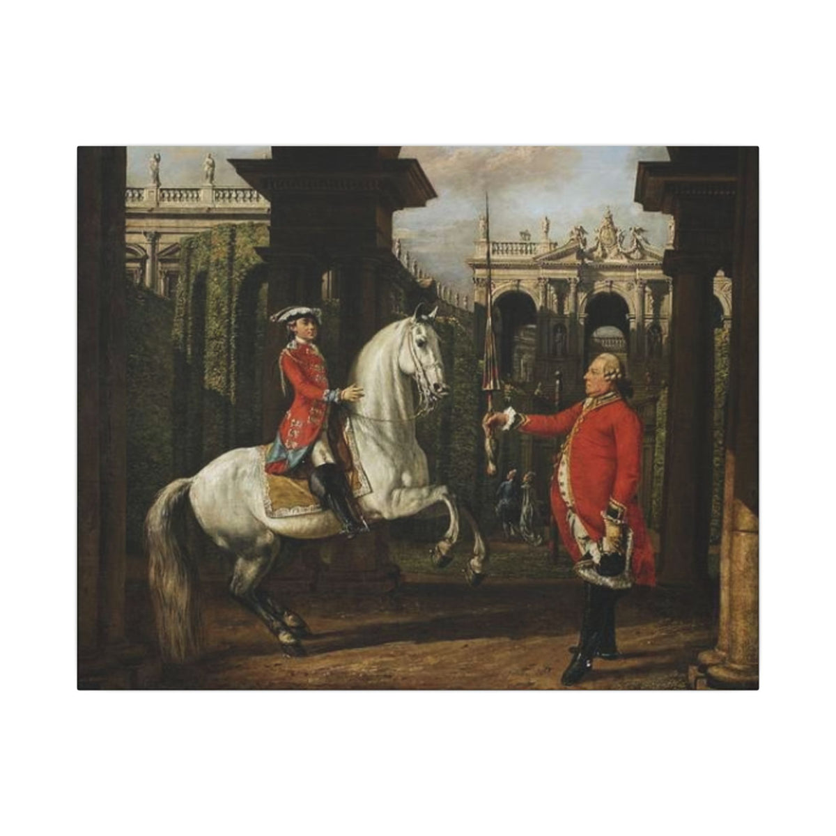 Equestrian Courtyard Scene Matte Canvas Print — "Senior Chevalier Hands Student His Lance" Horse Painting Wall Art