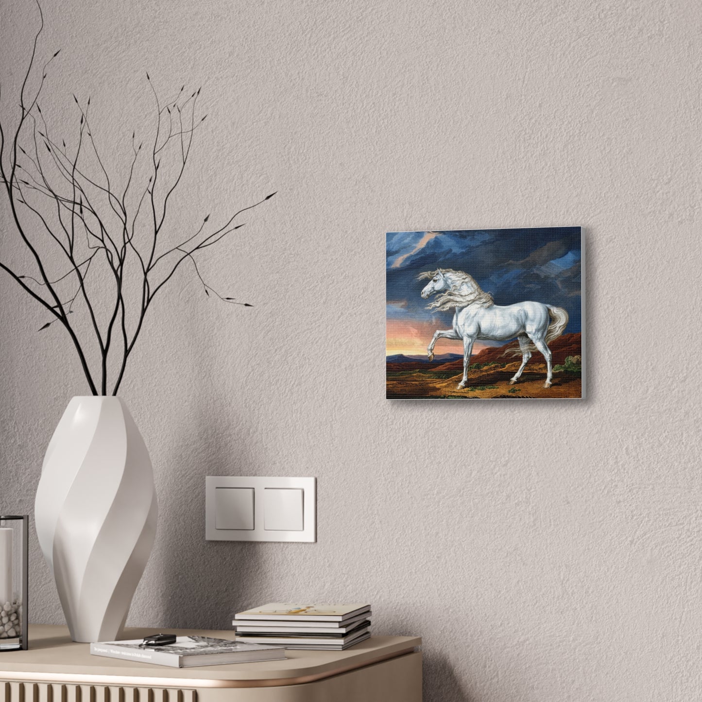 Adonis White Horse Canvas Print — Windswept Equestrian Wall Art