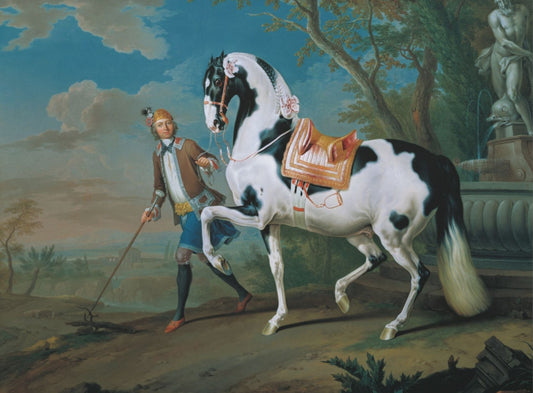 Vintage Piebald Stallion Matte Canvas — 'Stableboy with Piebald Stallion' Horse Portrait