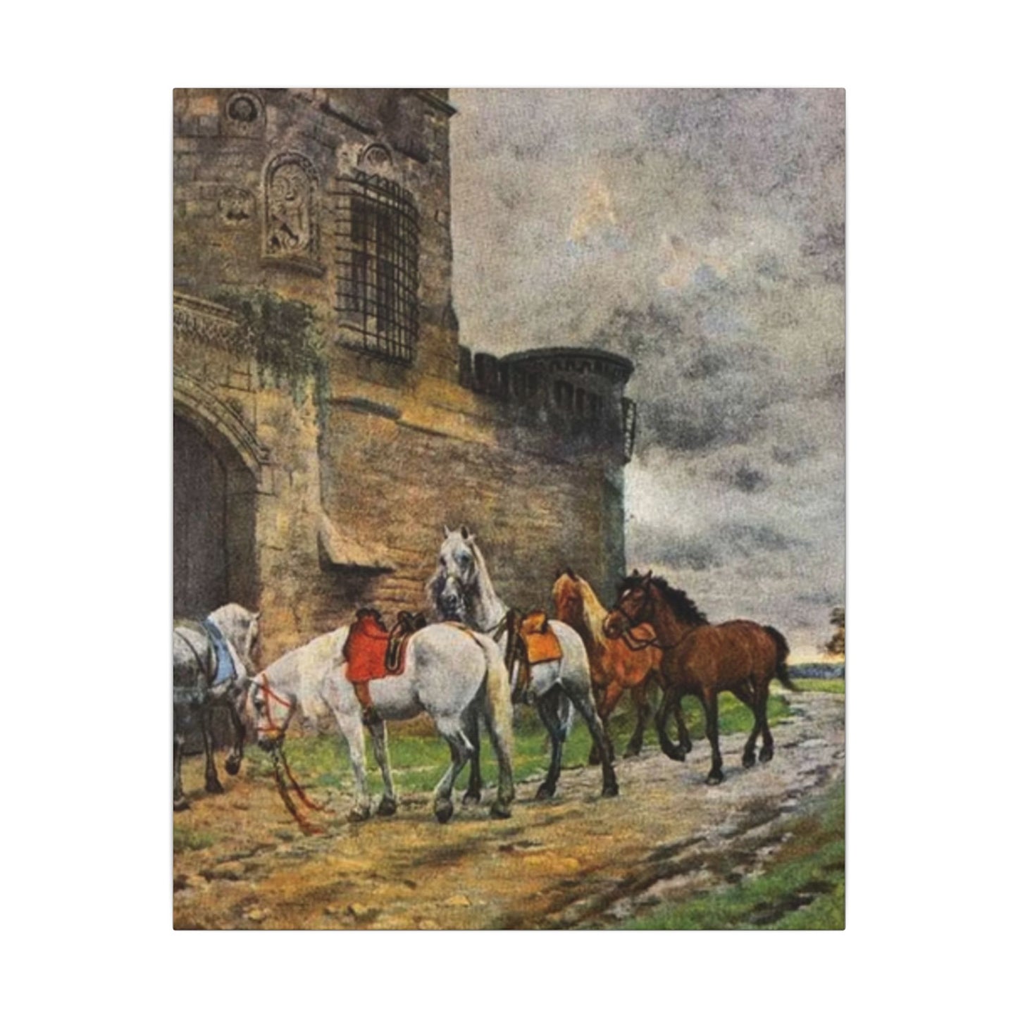 Stretched Matte Canvas Print — Vintage "Horses Waiting at the Hotel in Caen"