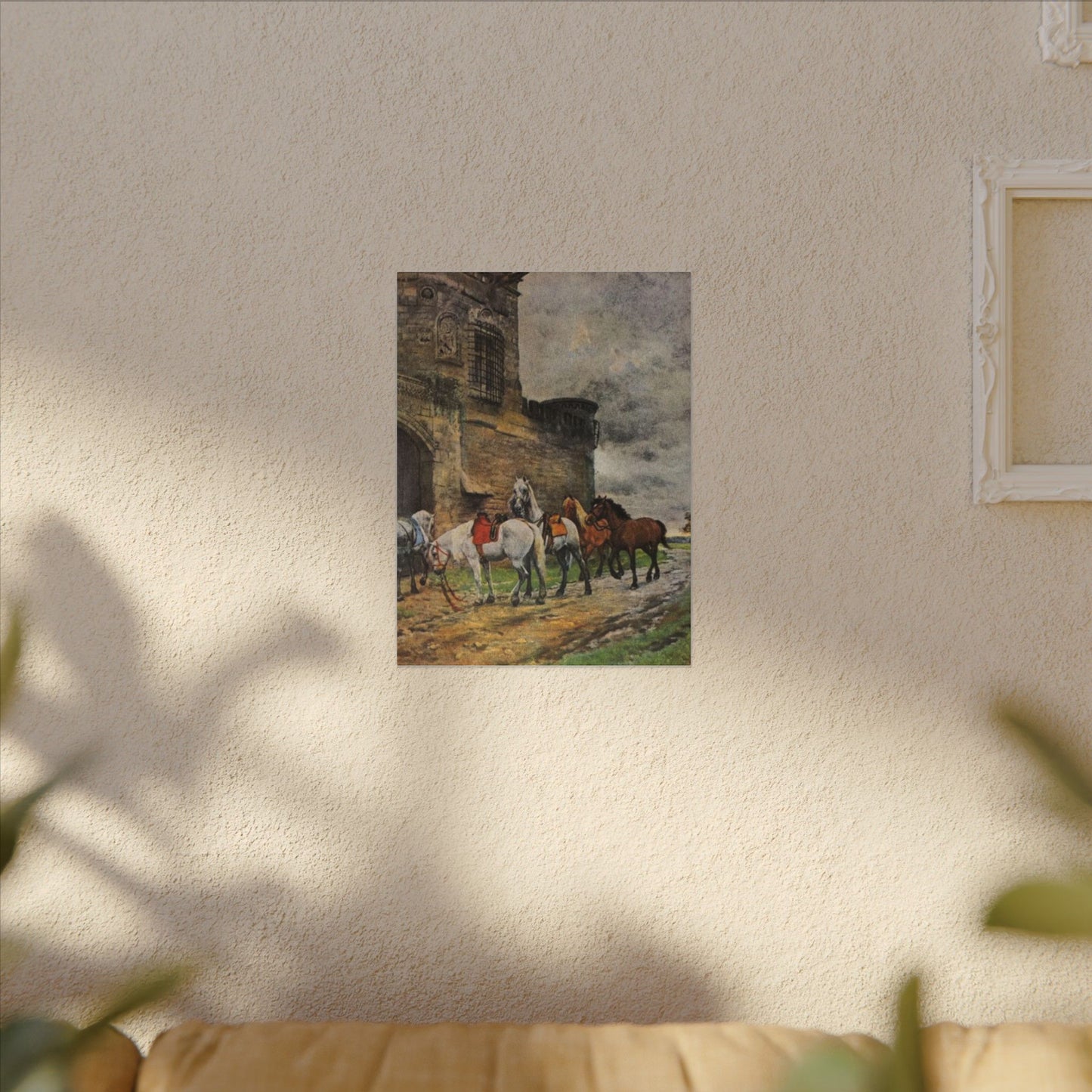 Stretched Matte Canvas Print — Vintage "Horses Waiting at the Hotel in Caen"