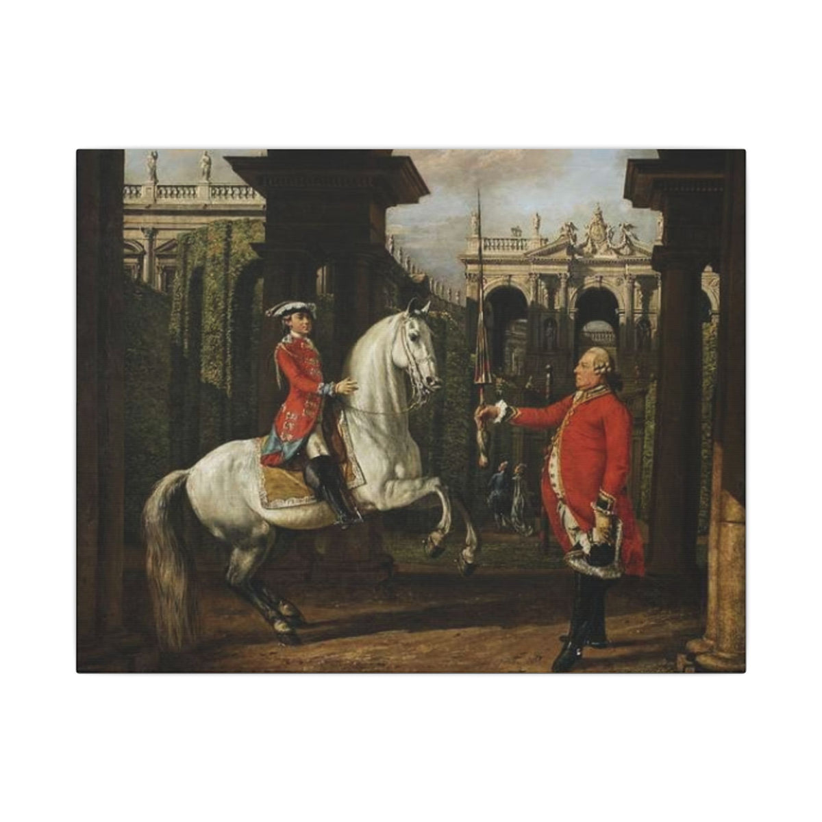 Equestrian Courtyard Scene Matte Canvas Print — "Senior Chevalier Hands Student His Lance" Horse Painting Wall Art