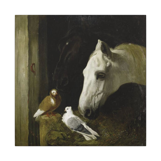 Horse and Doves Matte Canvas Print — "Stable Companions" 1859 Classic Animal Art