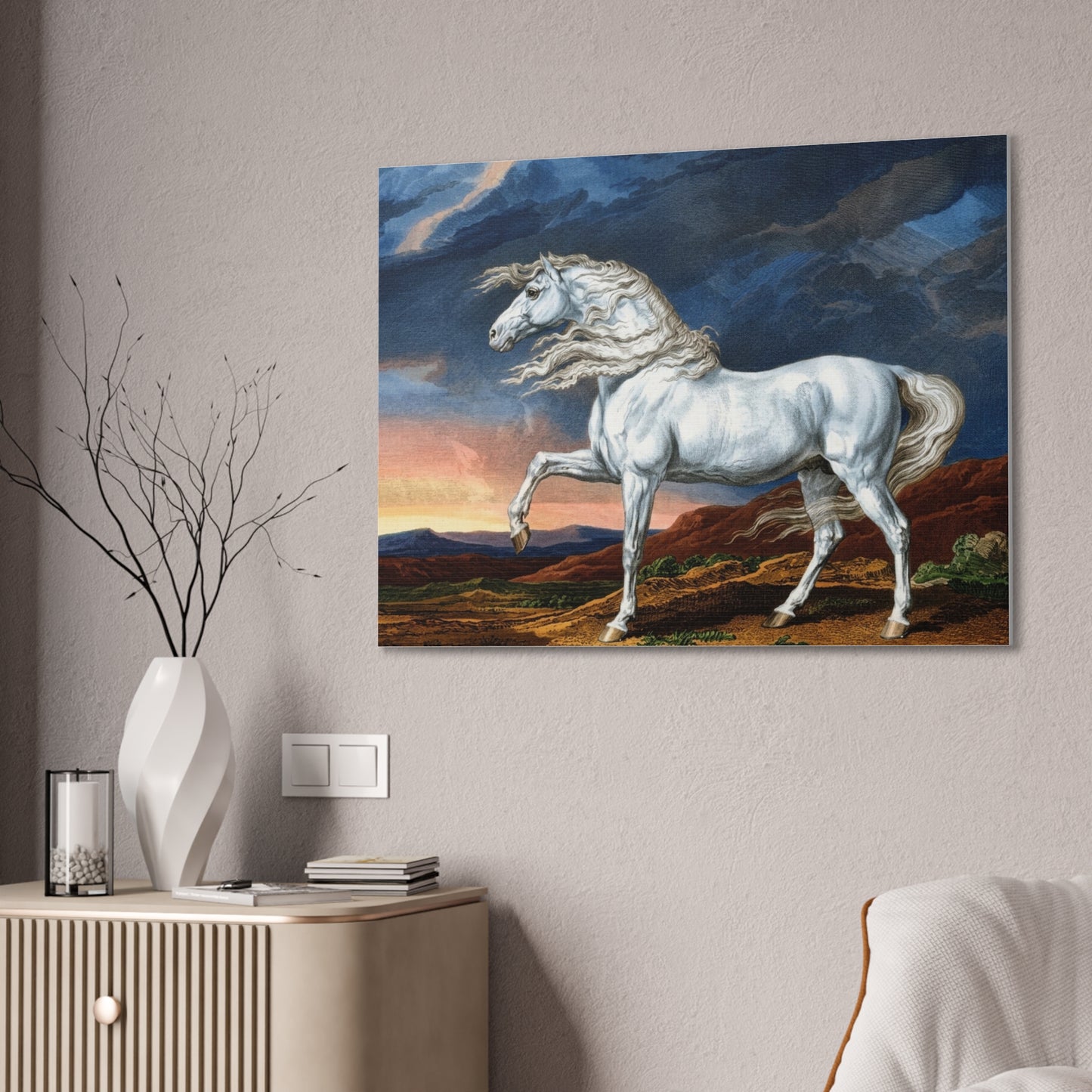 Adonis White Horse Canvas Print — Windswept Equestrian Wall Art