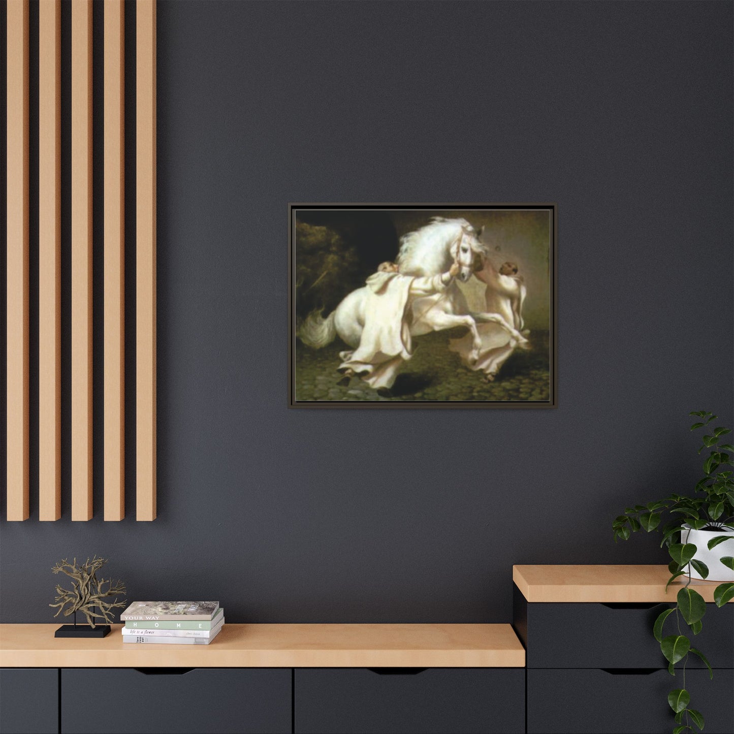 Framed Matte Canvas Print — Carthusian Monks Leading Andalusian Stallion