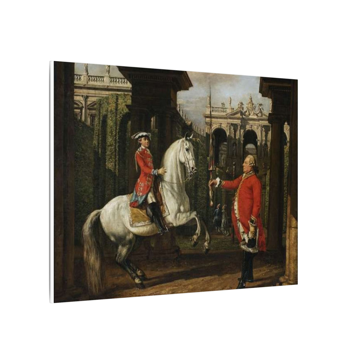 Equestrian Courtyard Scene Matte Canvas Print — "Senior Chevalier Hands Student His Lance" Horse Painting Wall Art