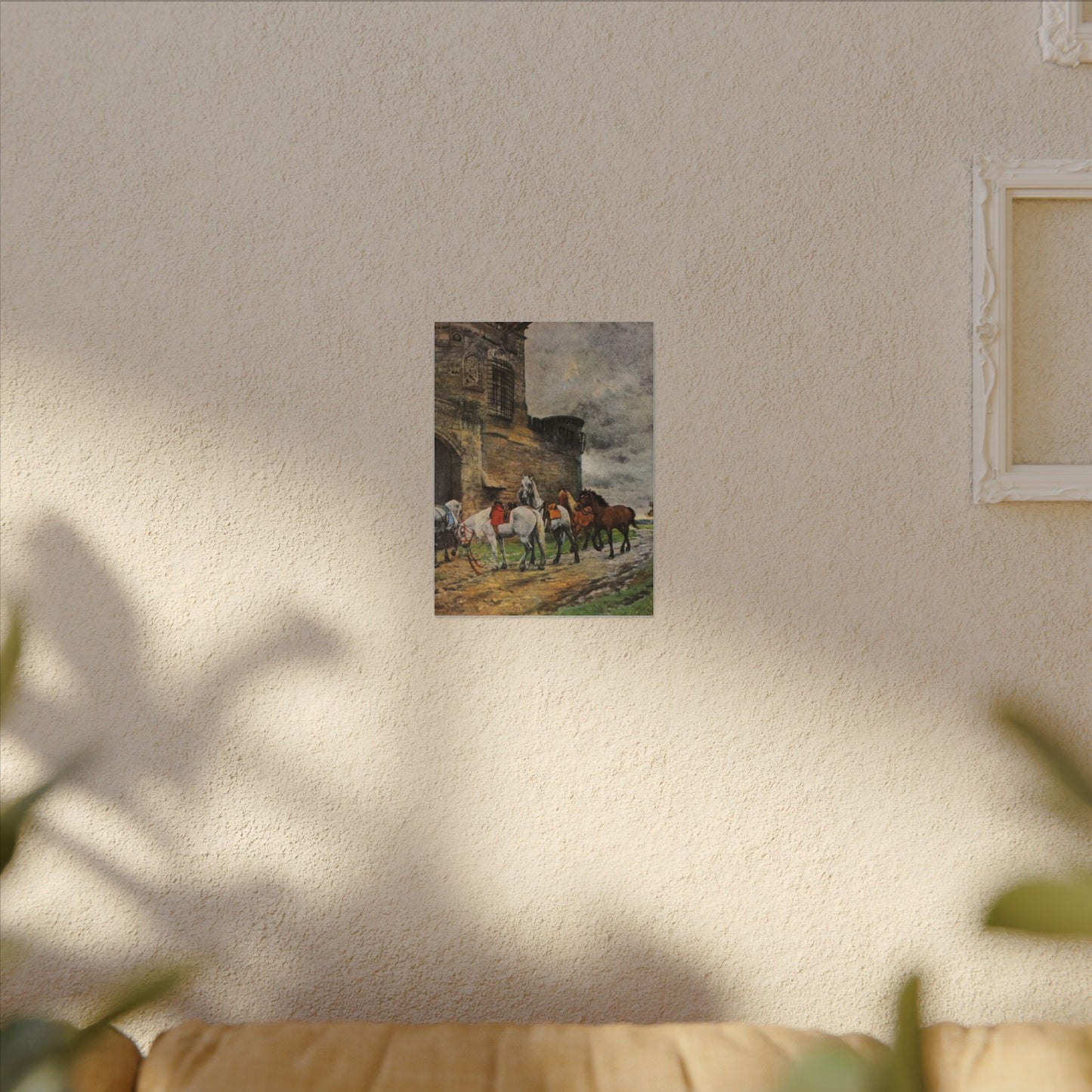 Stretched Matte Canvas Print — Vintage "Horses Waiting at the Hotel in Caen"