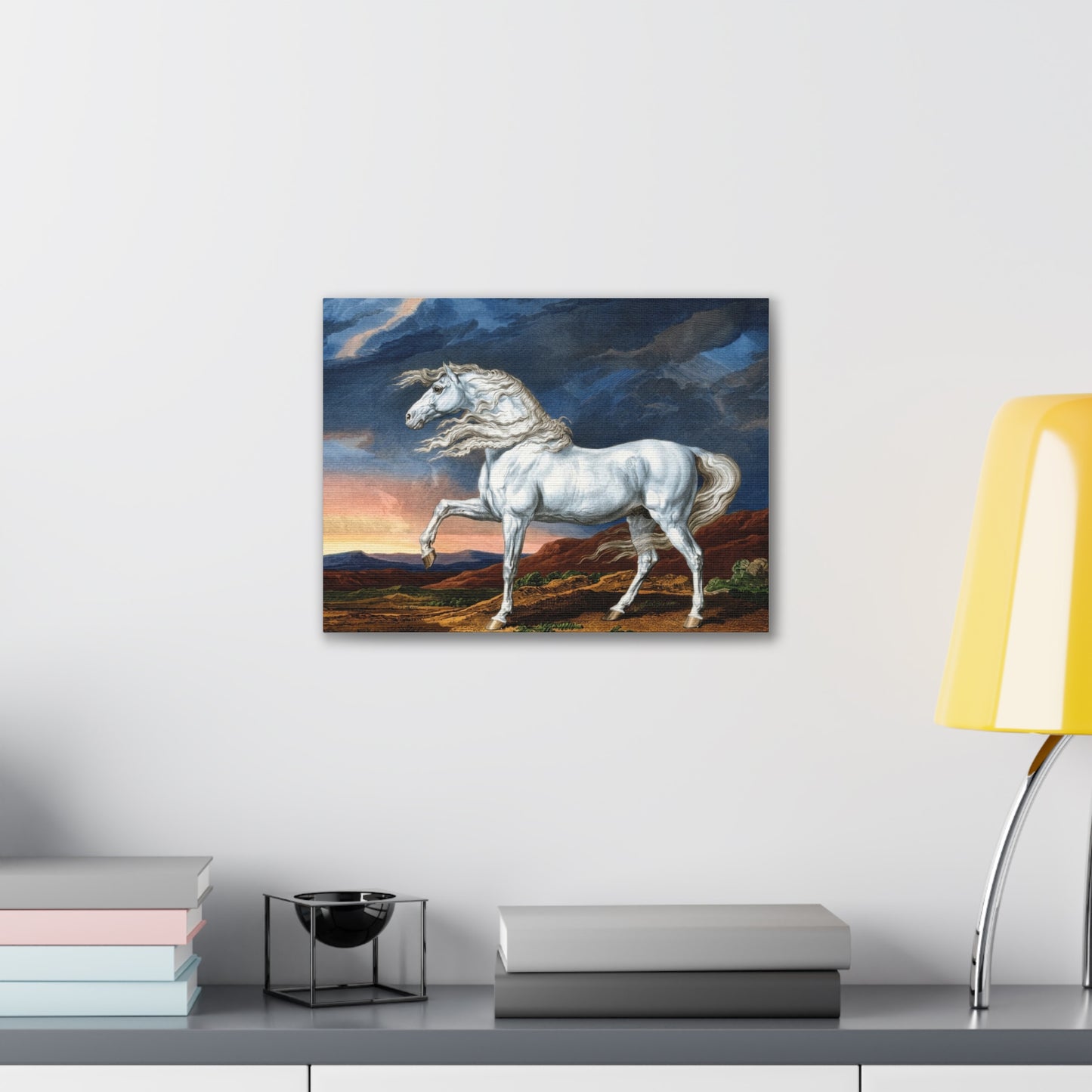 Adonis White Horse Canvas Print — Windswept Equestrian Wall Art