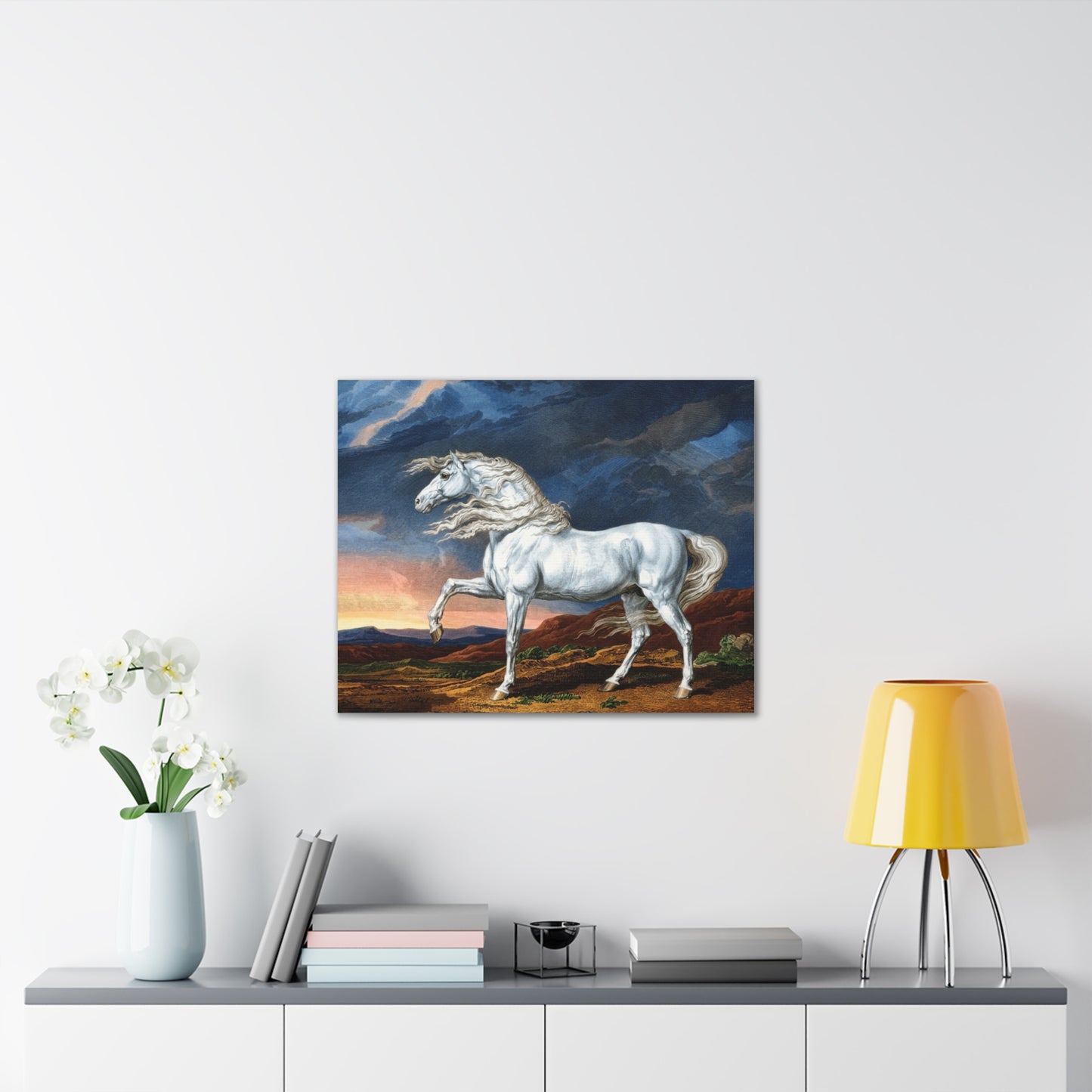 Adonis White Horse Canvas Print — Windswept Equestrian Wall Art