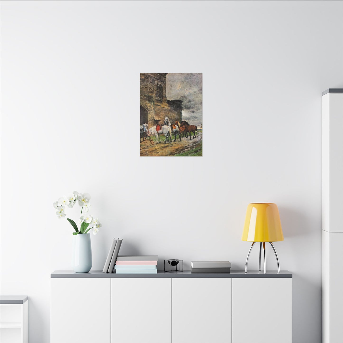 Stretched Matte Canvas Print — Vintage "Horses Waiting at the Hotel in Caen"