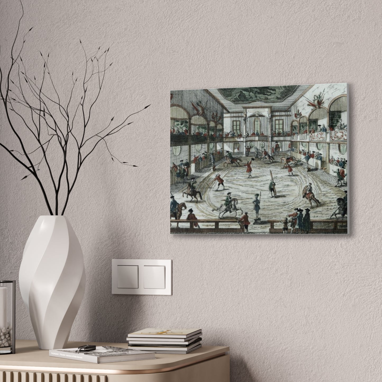 Historical Equestrian Arena Canvas Print — Vintage 18th-Century Horse Riding School Scene Stretched Canvas