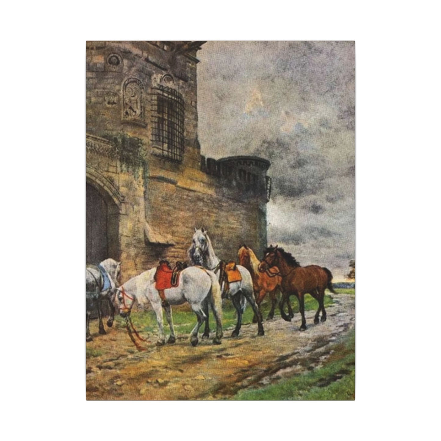 Stretched Matte Canvas Print — Vintage "Horses Waiting at the Hotel in Caen"