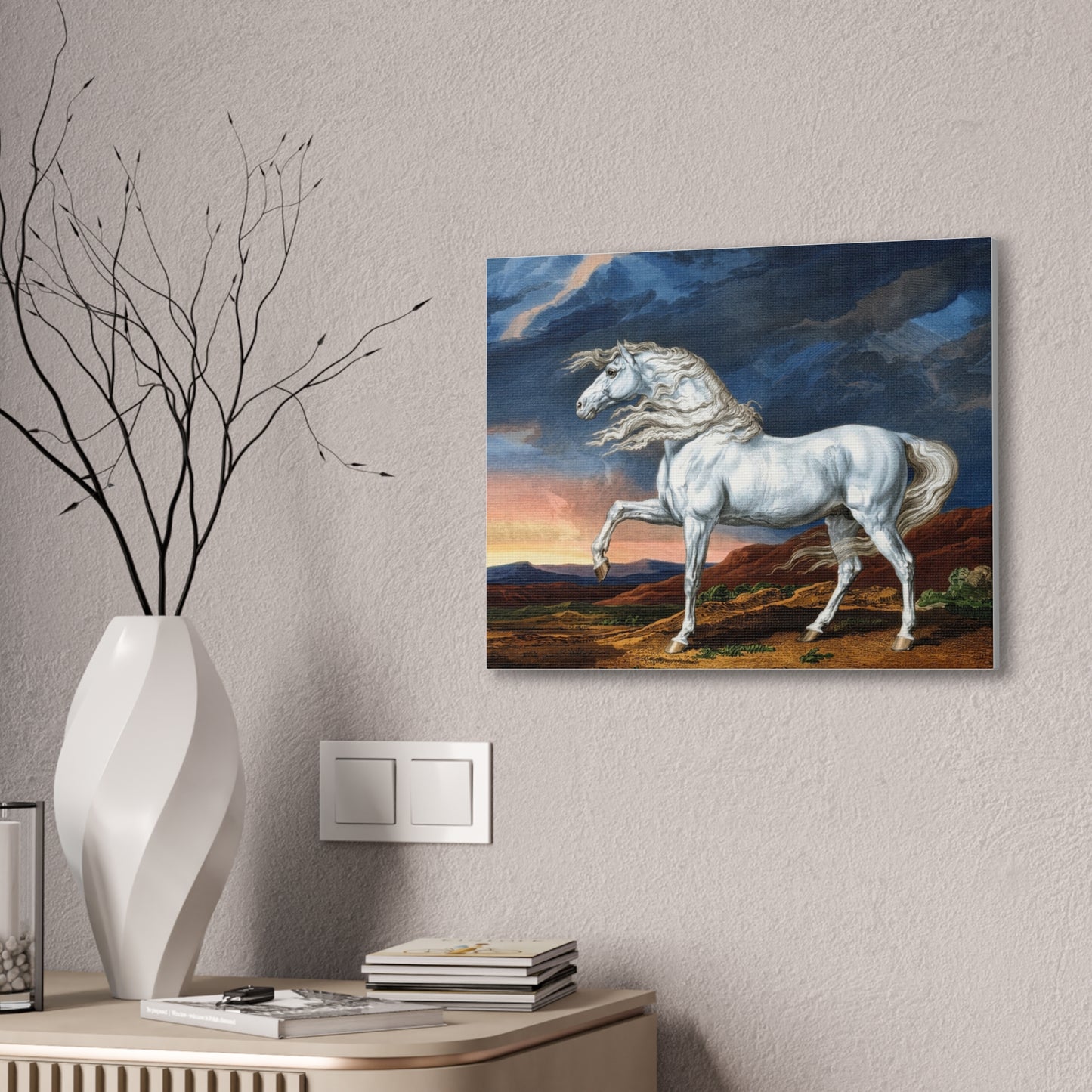 Adonis White Horse Canvas Print — Windswept Equestrian Wall Art