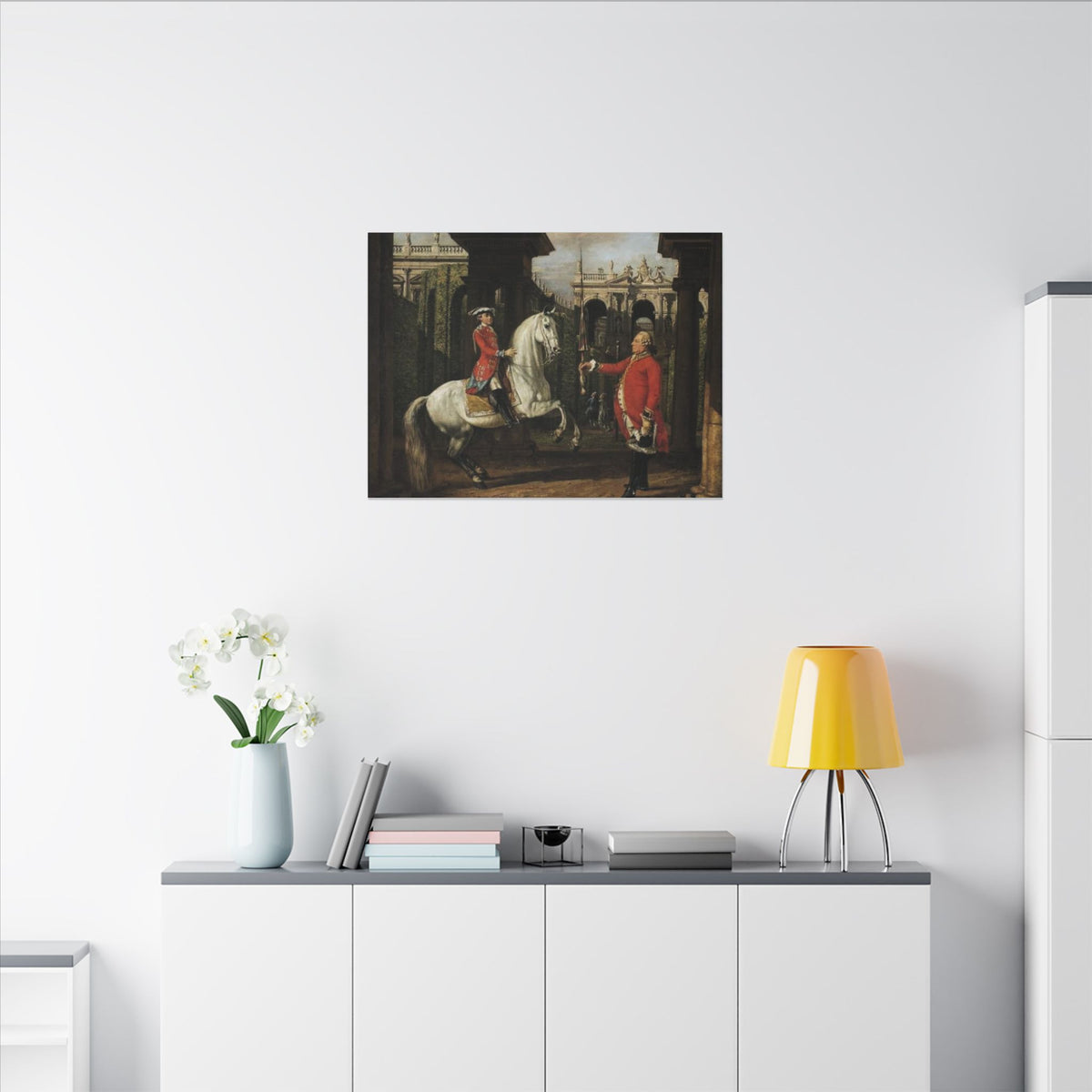 Equestrian Courtyard Scene Matte Canvas Print — "Senior Chevalier Hands Student His Lance" Horse Painting Wall Art