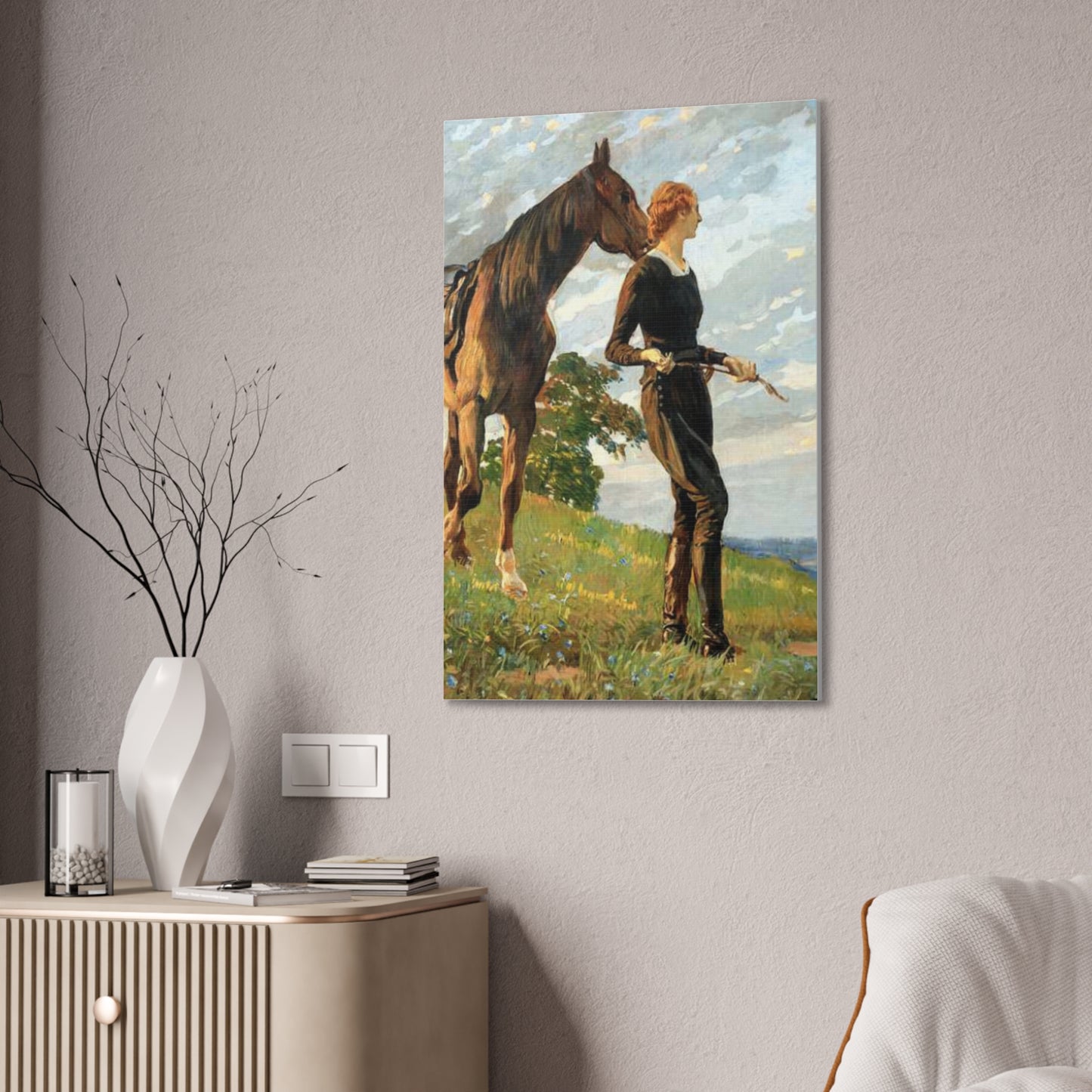 Equestrian Woman "The Meeting" Canvas Print — Vintage Horse Art Stretched Canvas