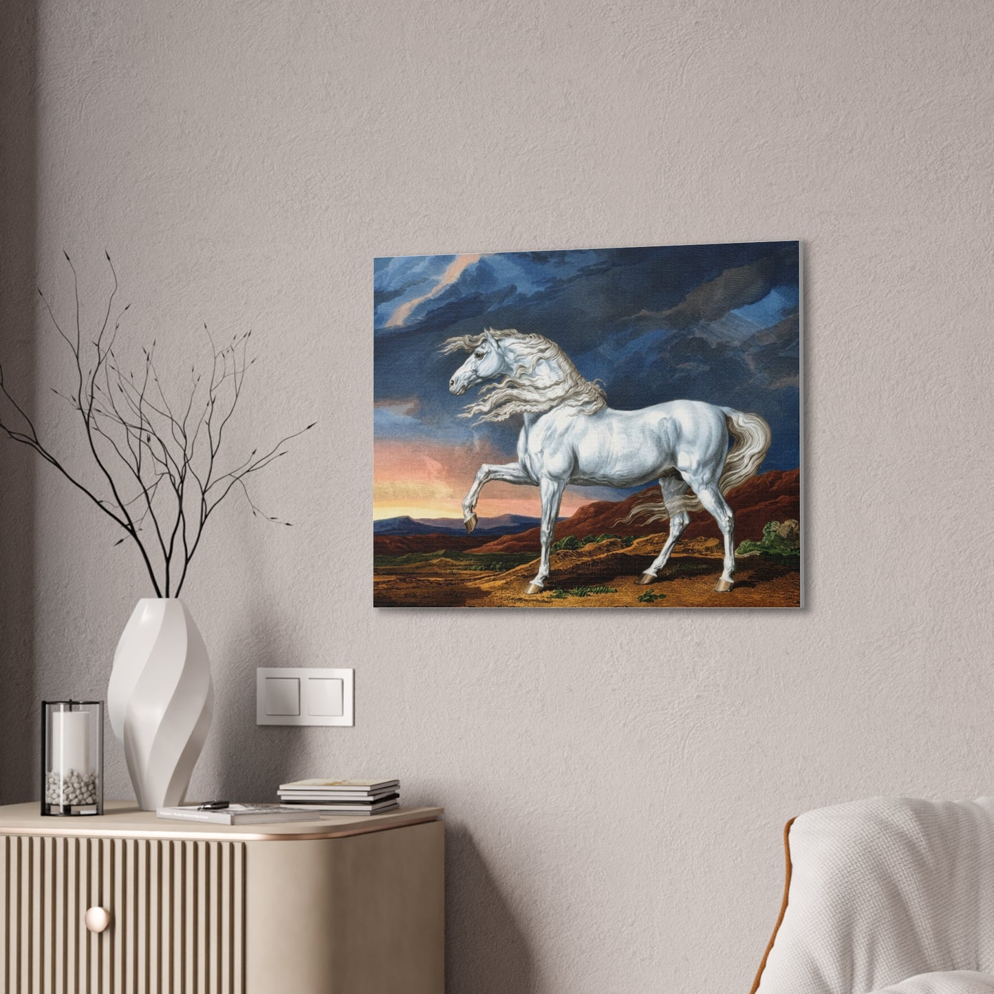 Adonis White Horse Canvas Print — Windswept Equestrian Wall Art