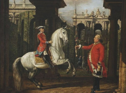 Equestrian Courtyard Scene Matte Canvas Print — "Senior Chevalier Hands Student His Lance" Horse Painting Wall Art