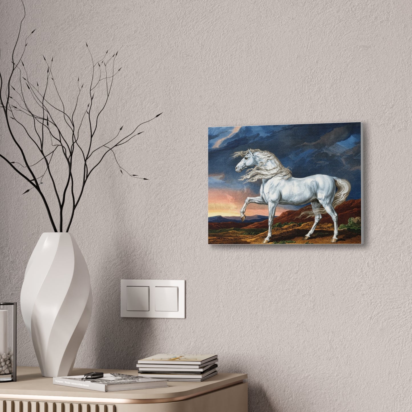 Adonis White Horse Canvas Print — Windswept Equestrian Wall Art