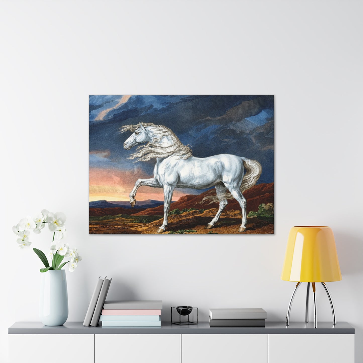 Adonis White Horse Canvas Print — Windswept Equestrian Wall Art