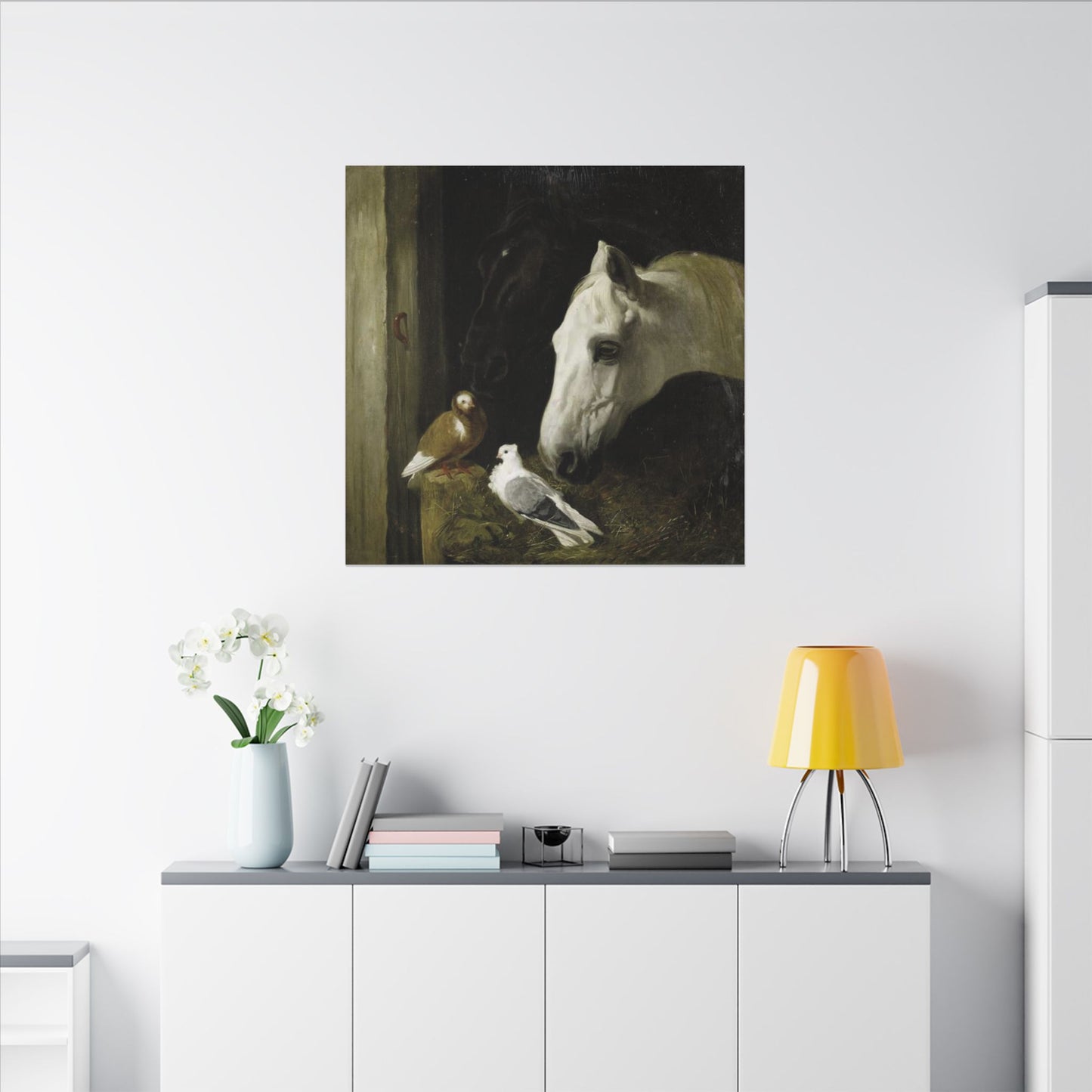 Horse and Doves Matte Canvas Print — "Stable Companions" 1859 Classic Animal Art