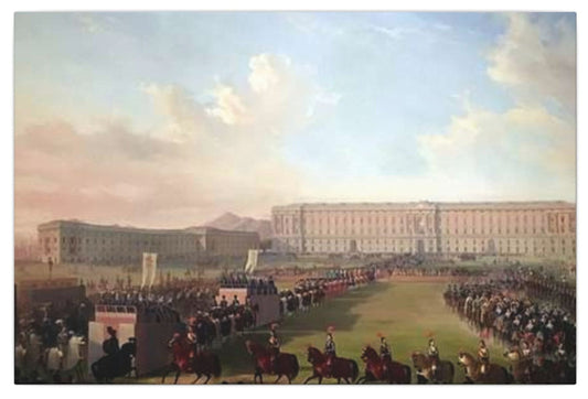 Renaissance Procession Canvas Art — Horses, Riders & Castle Stretched Print