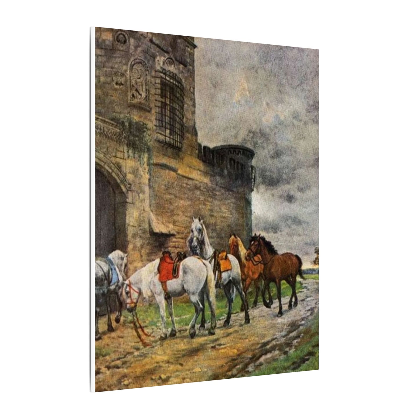Stretched Matte Canvas Print — Vintage "Horses Waiting at the Hotel in Caen"