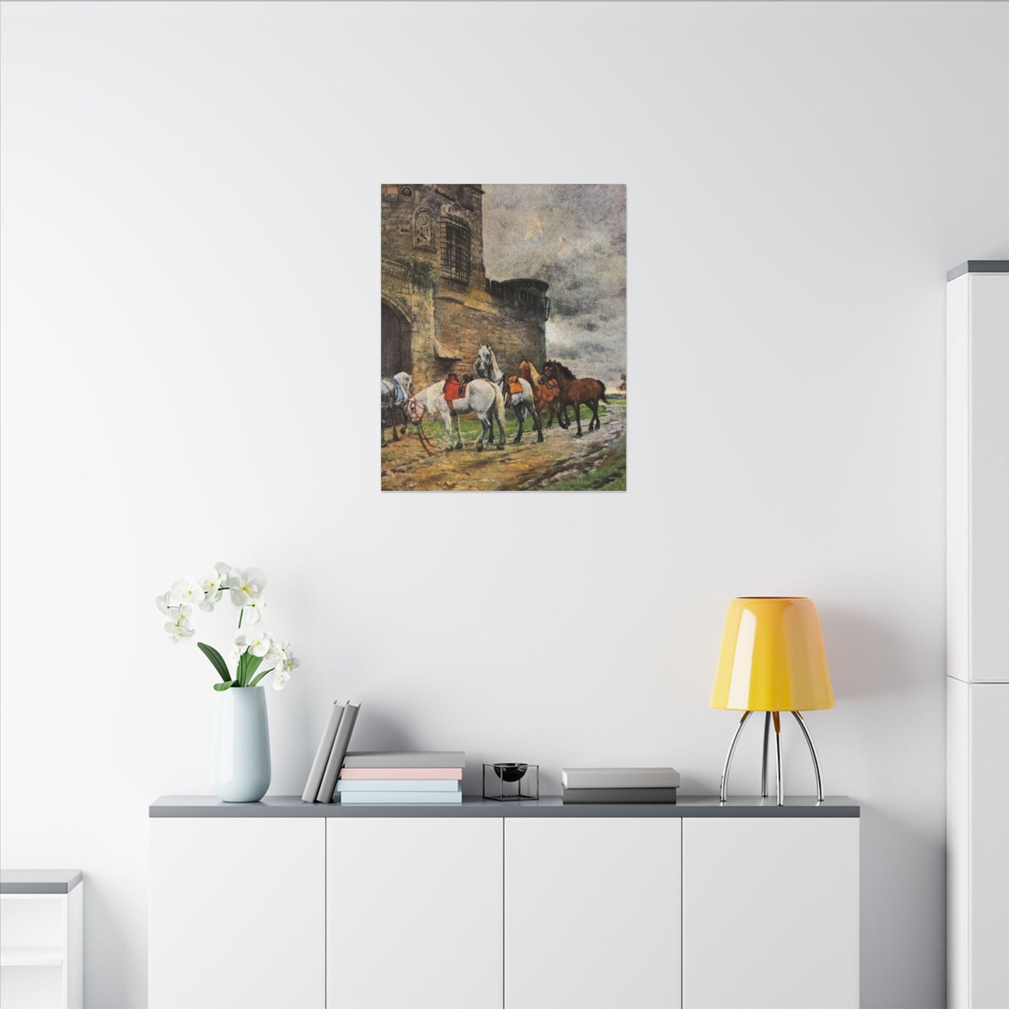 Stretched Matte Canvas Print — Vintage "Horses Waiting at the Hotel in Caen"