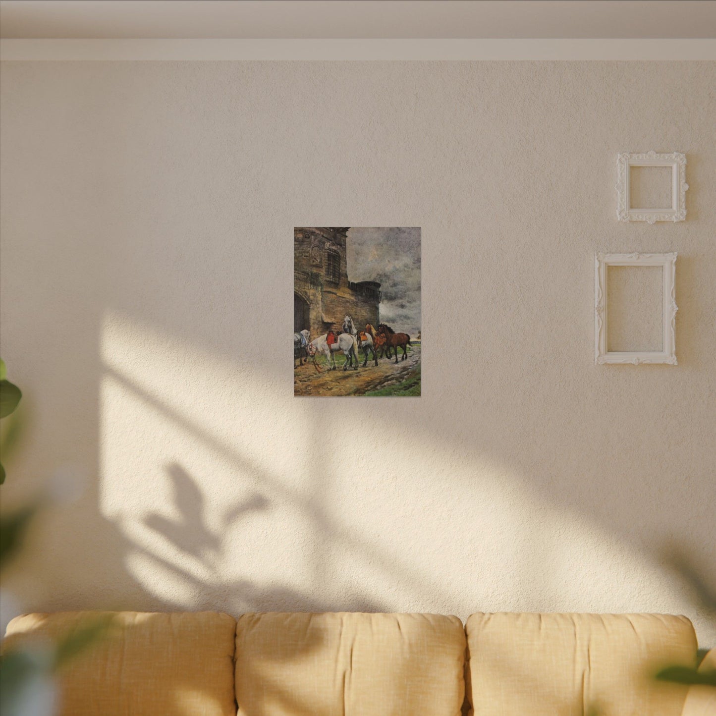 Stretched Matte Canvas Print — Vintage "Horses Waiting at the Hotel in Caen"