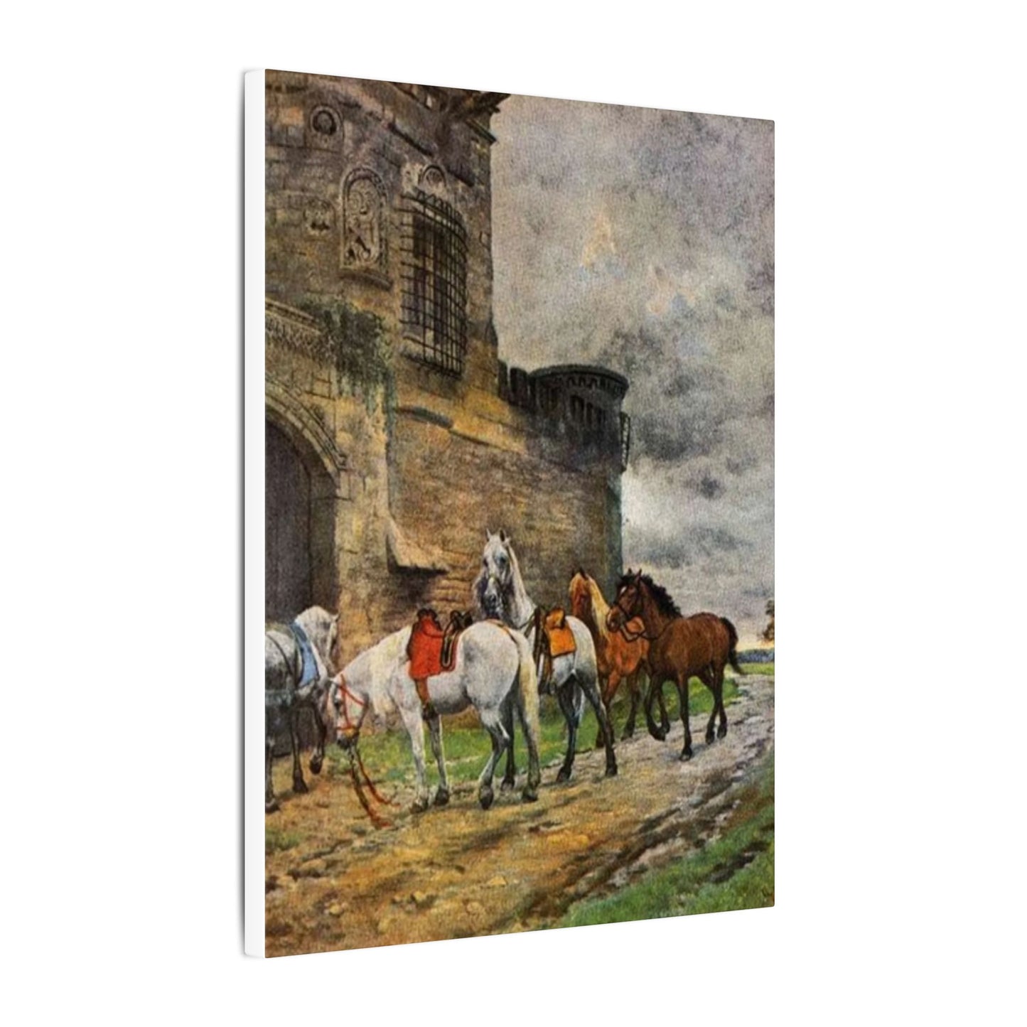 Stretched Matte Canvas Print — Vintage "Horses Waiting at the Hotel in Caen"