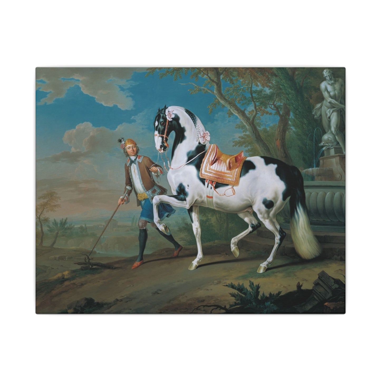 Vintage Piebald Stallion Matte Canvas — 'Stableboy with Piebald Stallion' Horse Portrait