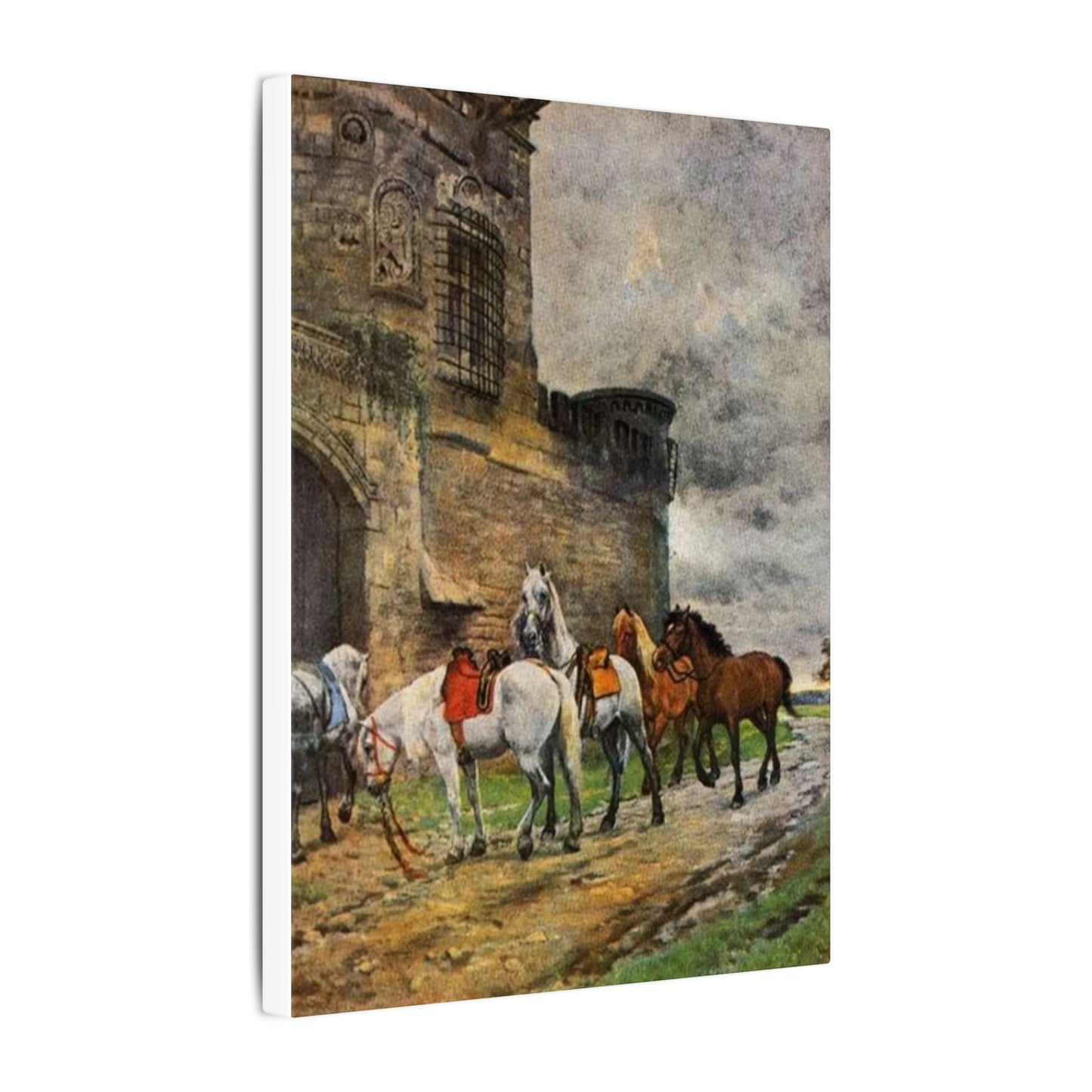 Stretched Matte Canvas Print — Vintage "Horses Waiting at the Hotel in Caen"