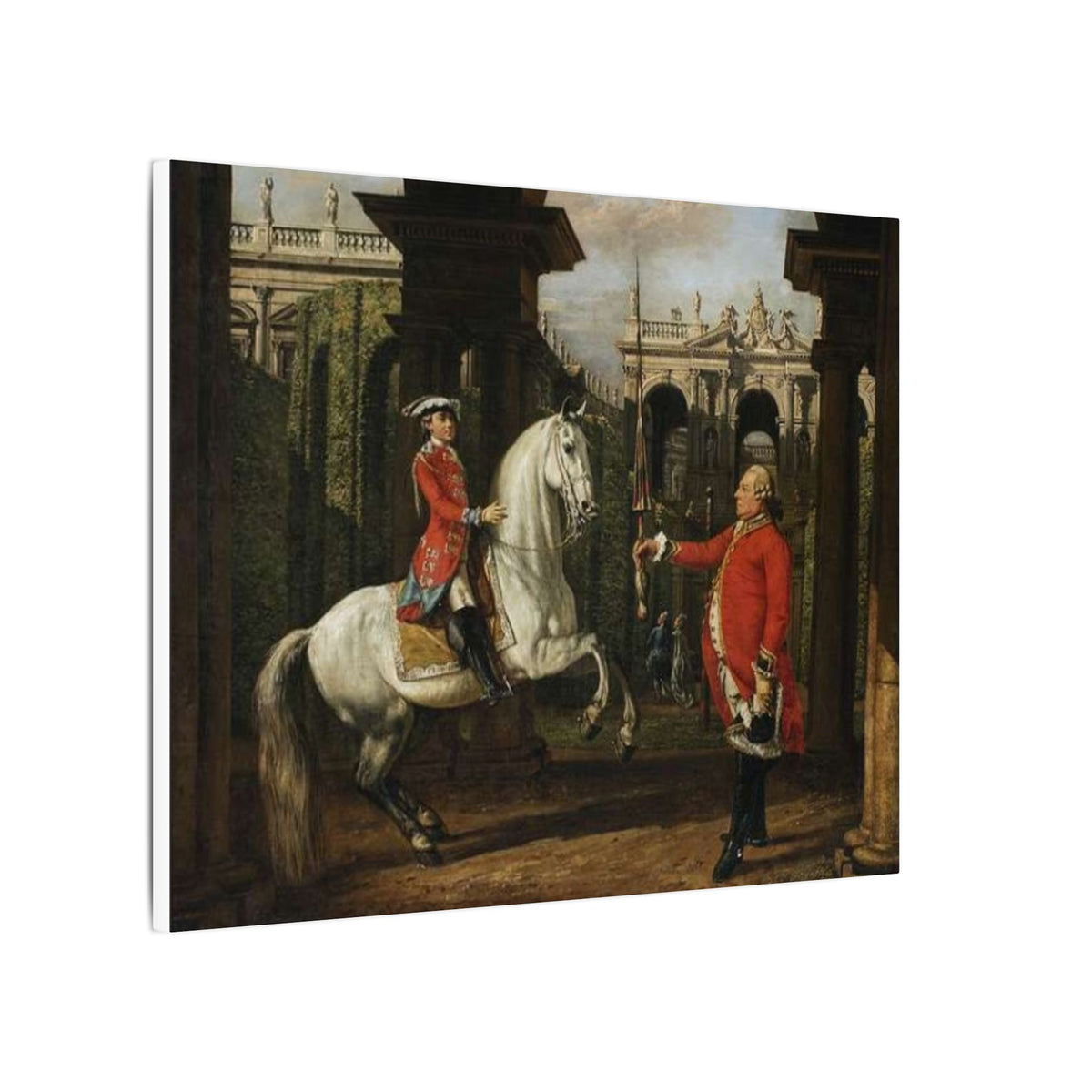 Equestrian Courtyard Scene Matte Canvas Print — "Senior Chevalier Hands Student His Lance" Horse Painting Wall Art