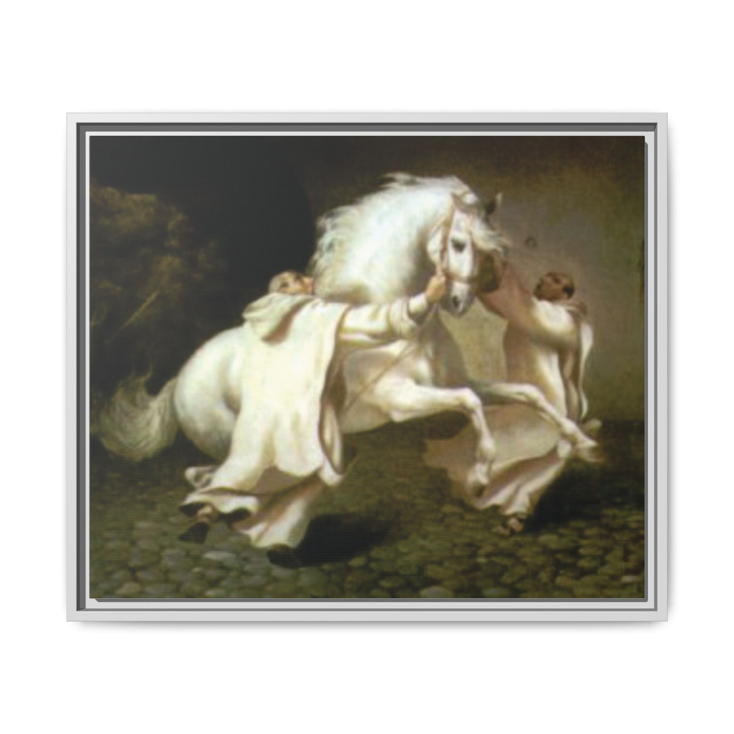 Framed Matte Canvas Print — Carthusian Monks Leading Andalusian Stallion
