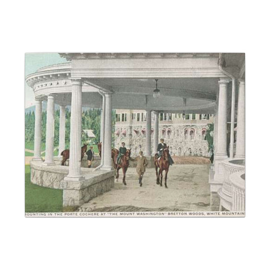 Vintage Resort Porch Canvas Print — Antique White Mountain Hotel Equestrian Scene