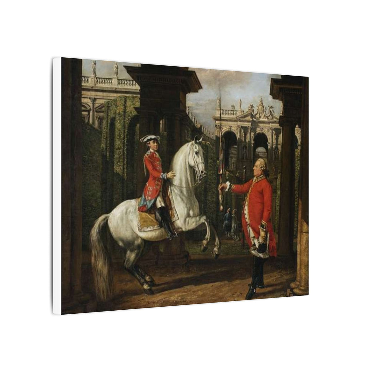 Equestrian Courtyard Scene Matte Canvas Print — "Senior Chevalier Hands Student His Lance" Horse Painting Wall Art