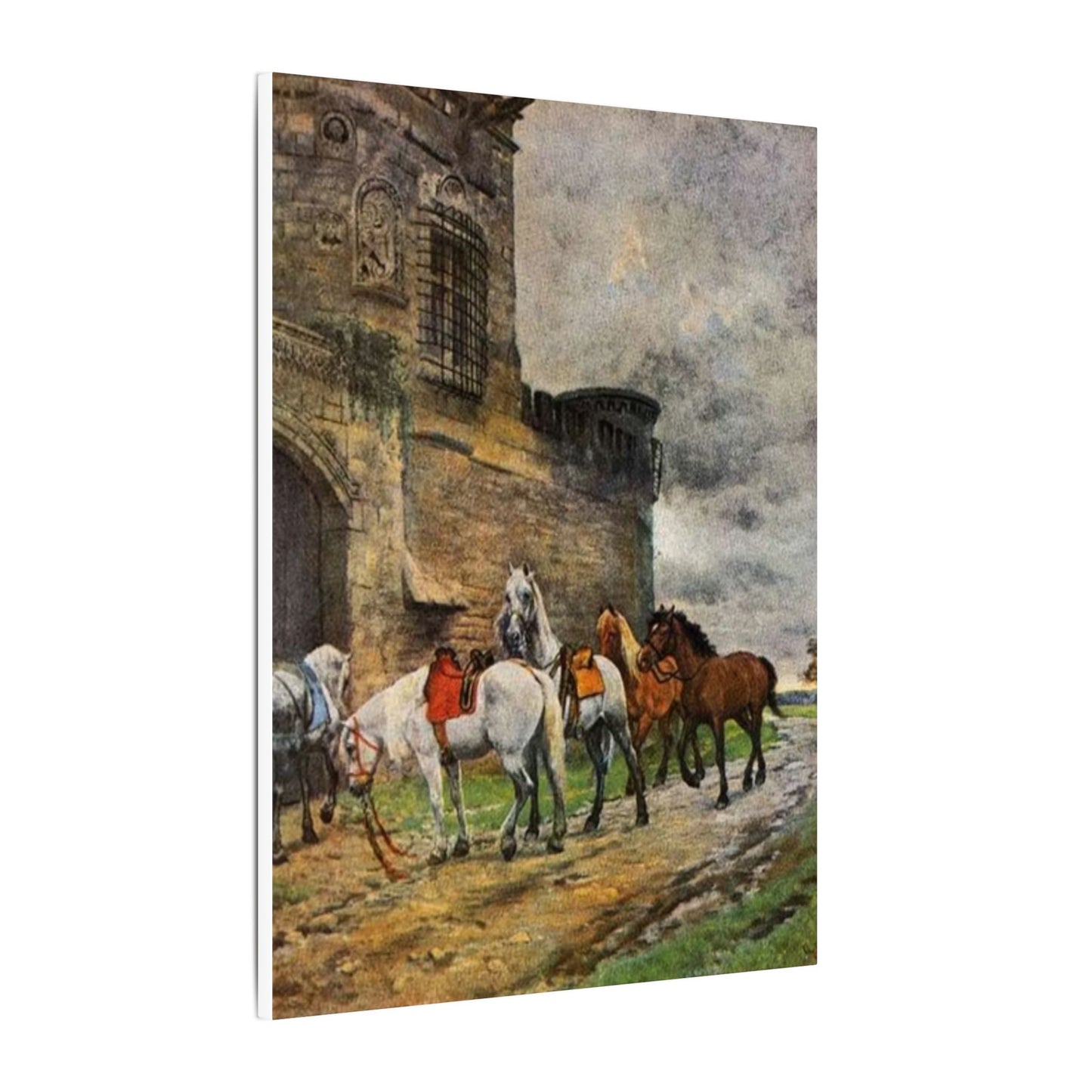 Stretched Matte Canvas Print — Vintage "Horses Waiting at the Hotel in Caen"