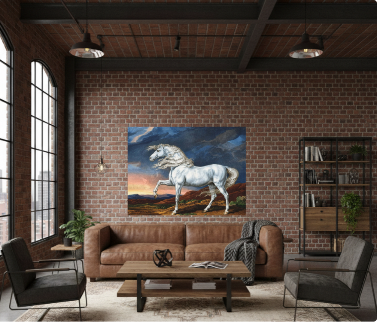 Adonis White Horse Canvas Print — Windswept Equestrian Wall Art