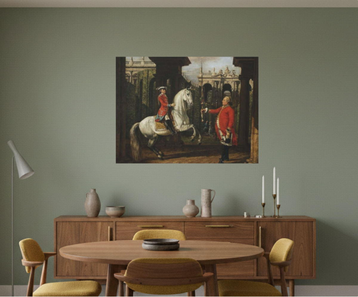 Equestrian Courtyard Scene Matte Canvas Print — "Senior Chevalier Hands Student His Lance" Horse Painting Wall Art