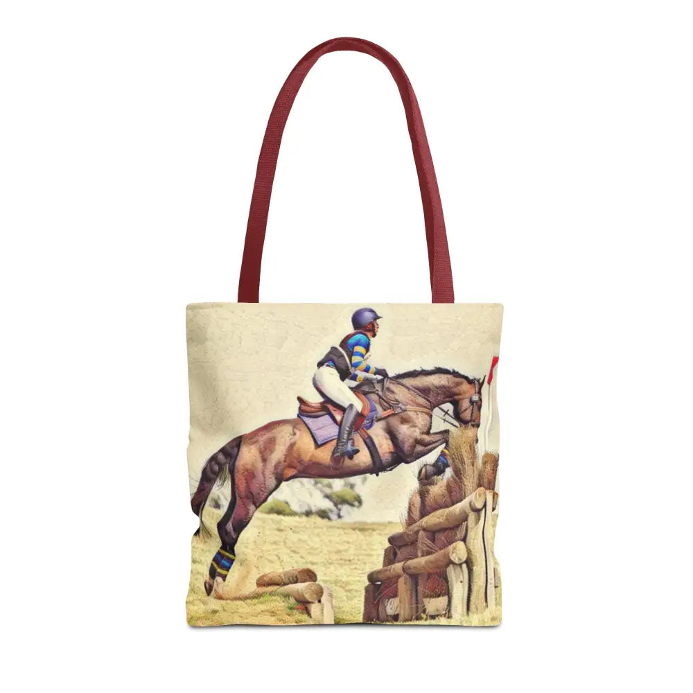Equestrian Tote Bag - Horse Cross Country Jumping Art Design for Eventers - 16’’ × 16’’ / Red - Bags
