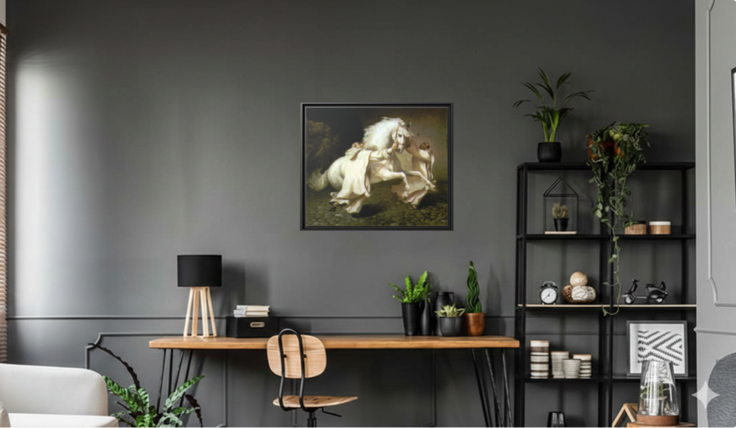 Framed Matte Canvas Print — Carthusian Monks Leading Andalusian Stallion