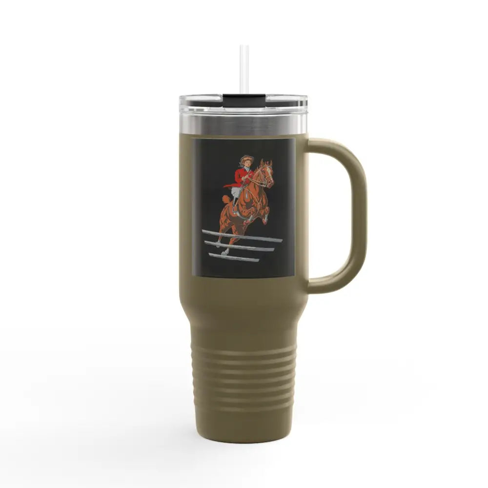 Travel Mug - 1920’s Women Jumping Horse Vintage Image Design - 40oz / Olive Green - Mug