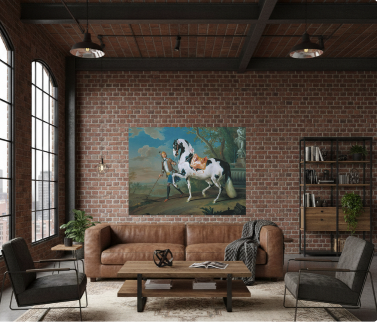 Vintage Piebald Stallion Matte Canvas — 'Stableboy with Piebald Stallion' Horse Portrait
